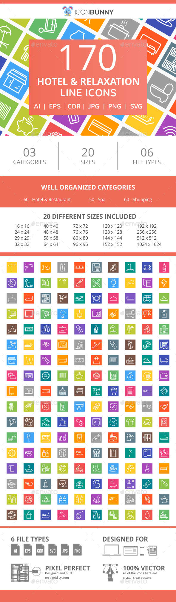 170 Hotel & Relaxation Line Multicolor B/G Icons - Icons