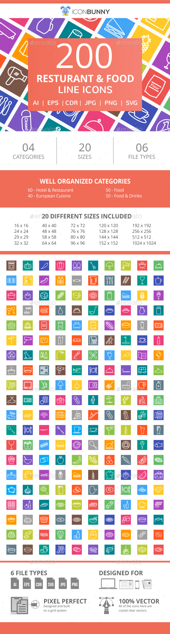 200 Restaurant & Food Line Multicolor B/G Icons - Icons