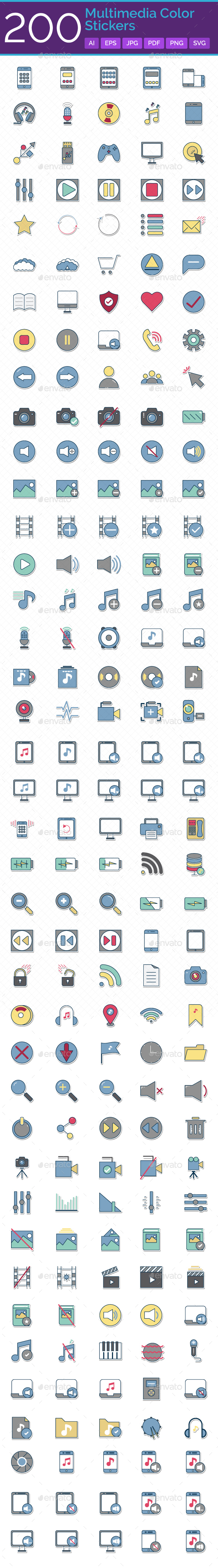 Multimedia Glyph Stickers Vector Icons Set - Icons
