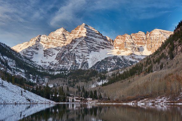 Maroon Bells and Maroon Lake landscape - Stock Photo - Images