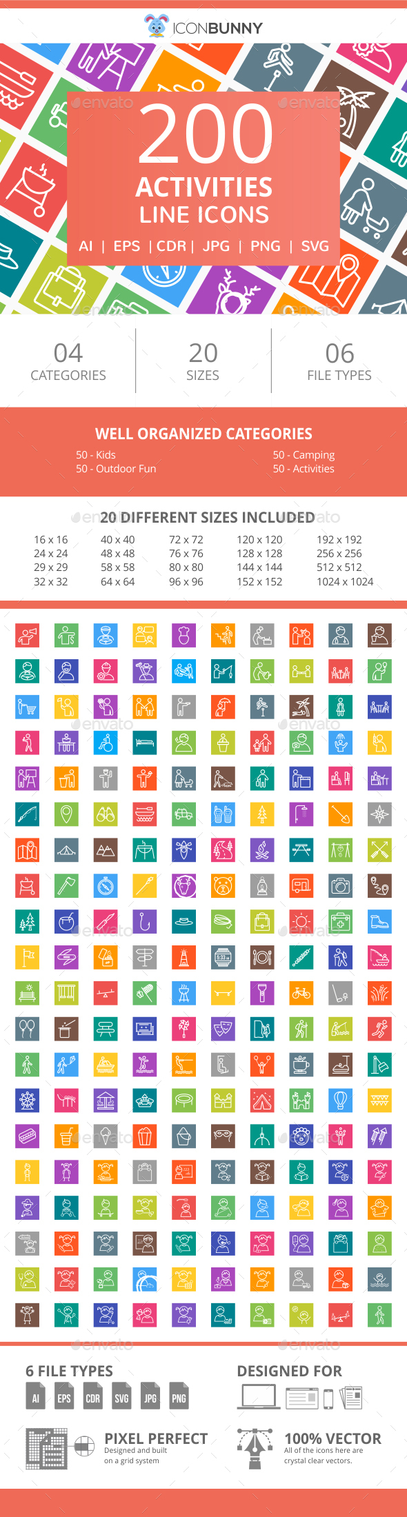200 Activities Line Multicolor B/G Icons - Icons