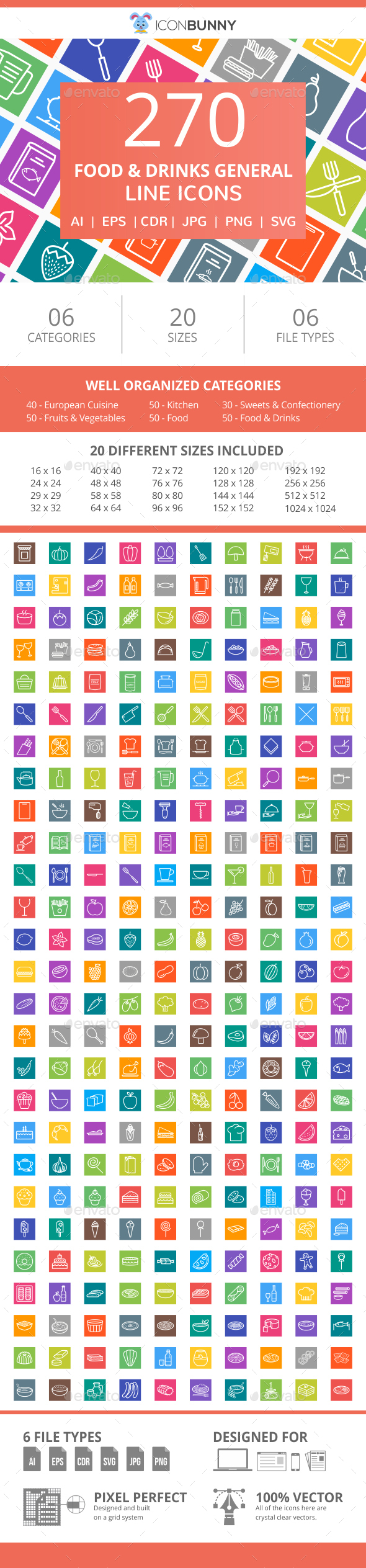 270 Food & Drinks General Line Multicolor B/G Icons - Icons