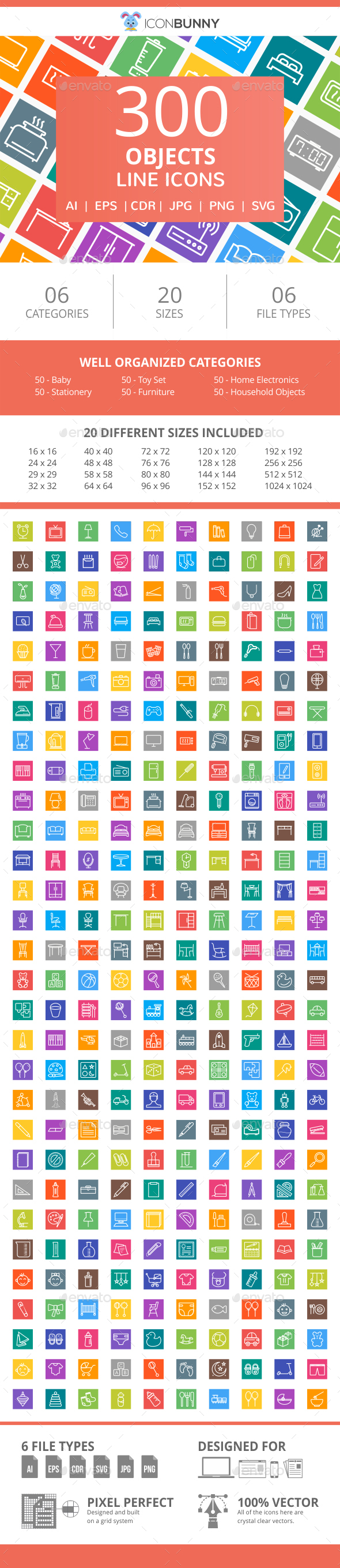 300 Objects Line Multicolor B/G Icons - Icons