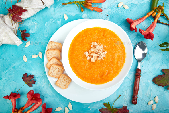 Cream of pumpkin soup. Thanksgiving Day. vegetarian - Stock Photo - Images