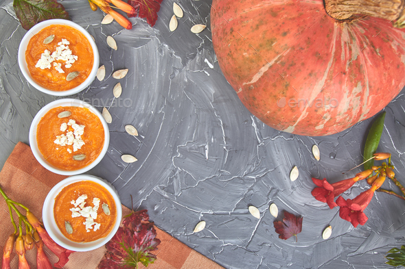 Cream of pumpkin soup or souffle. Thanksgiving Day. - Stock Photo - Images