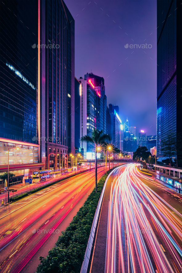 Street traffic in Hong Kong at night - Stock Photo - Images