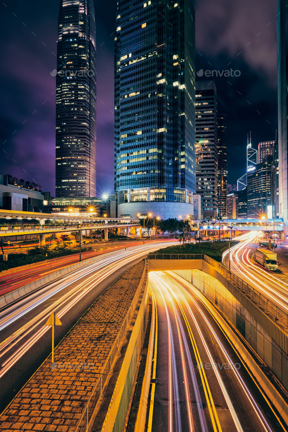 Street traffic in Hong Kong at night - Stock Photo - Images