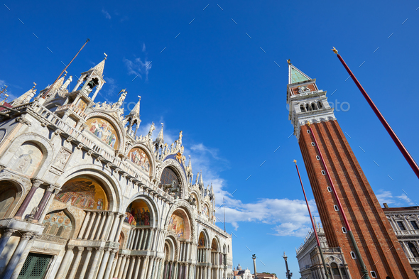 San Marco basilica facade and bell tower in Venice, Italy - Stock Photo - Images