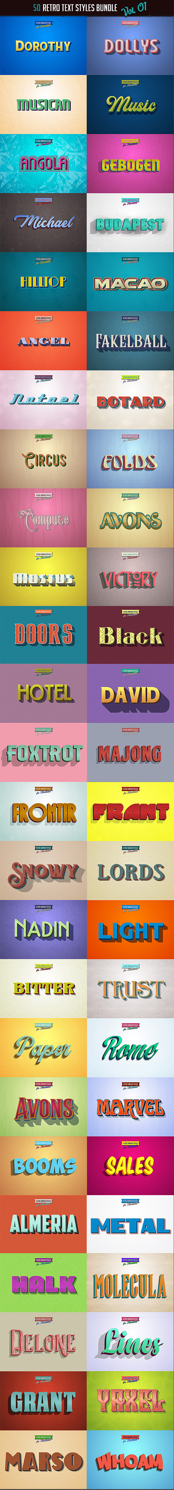 50 Retro Text Styles - Bundle vol. 01 - Styles Illustrator