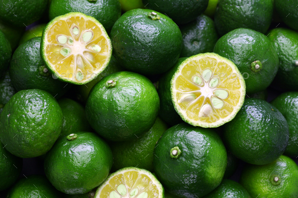 citrus depressa, taiwan tangerine,hirami lemon, thin skinned flat lemon Stock Photo by motghnit