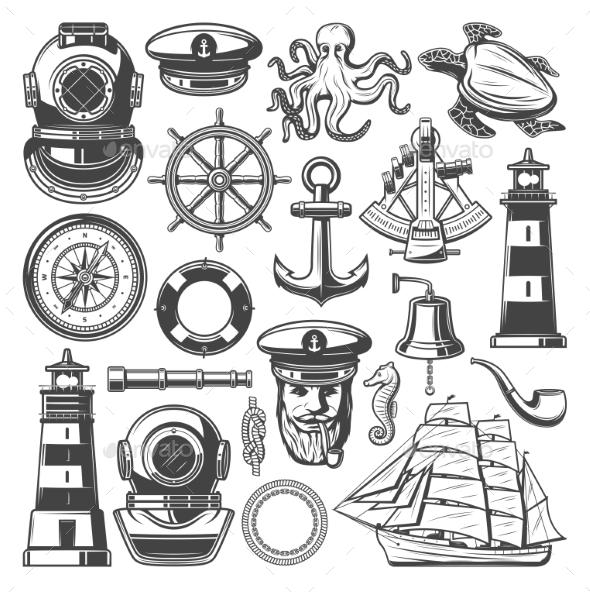 Nautical Symbols and Marine Sailing Vector Icons, Vectors