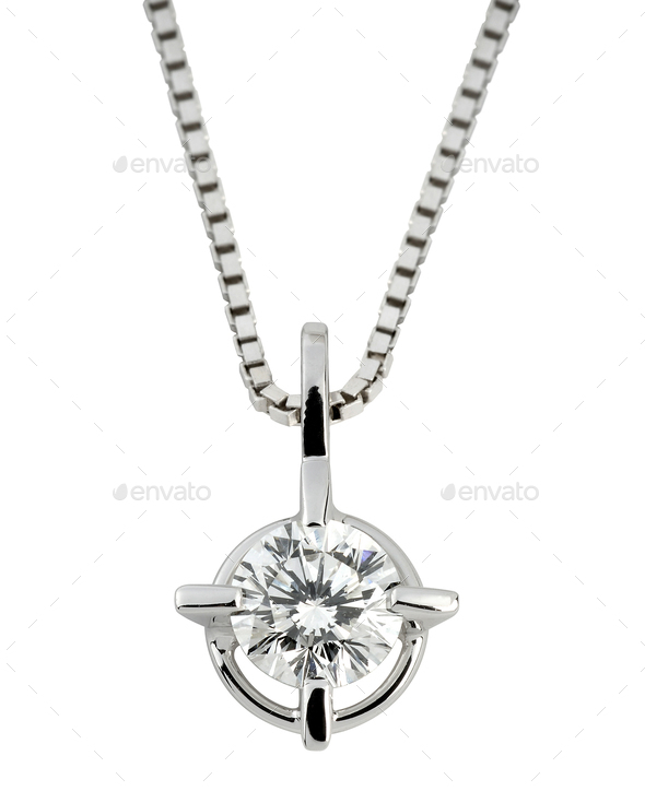 Circular solitaire diamond pendant in silver - Stock Photo - Images
