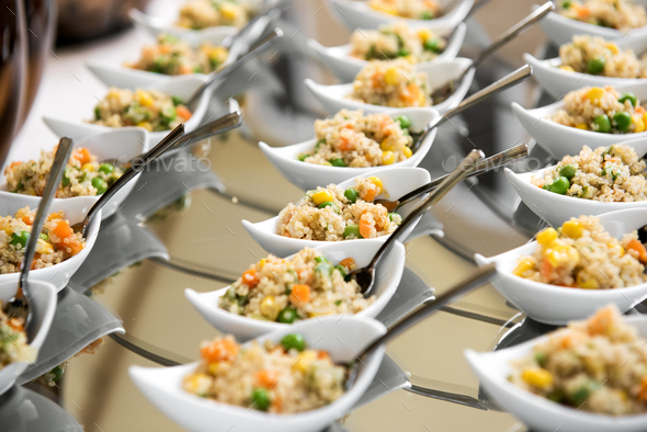 Appetizer of couscous and vegetables in dishes - Stock Photo - Images