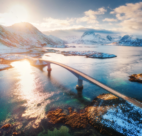 Aerial view of Fredvang bridges at sunset in winter - Stock Photo - Images