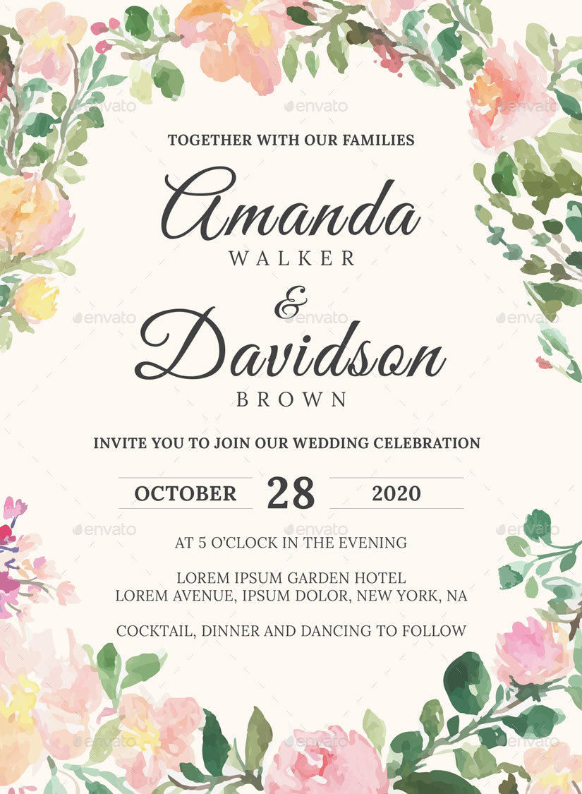 Rustic Floral Wedding Invitations Print Templates Set by TanahAirStudio