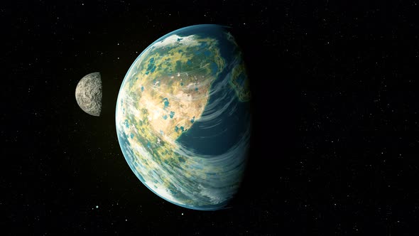 Alien Earth twin planet and two moons orbiting. Parallel universe fantasy 4k alt