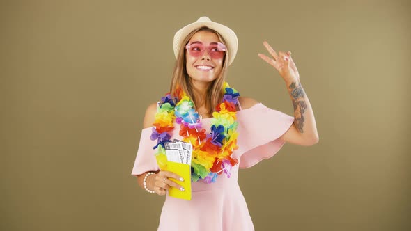 Female in Sunglasses and Colorful Hawaiian Beads Lei alt