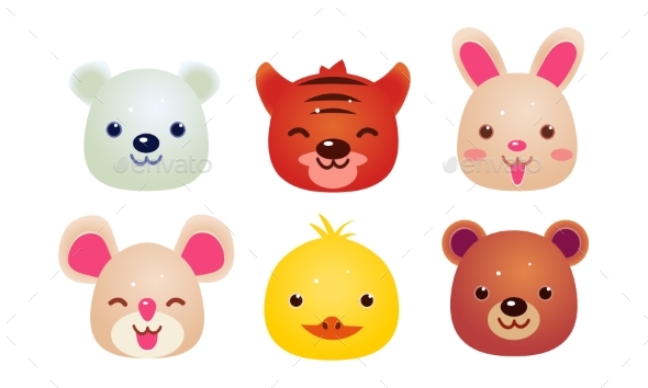 Heads of Animals Set, Bear, Face of Bear - Animals Characters