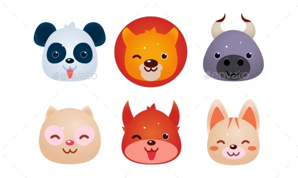 Heads of Animals Set, Bear, Face of Panda - Animals Characters