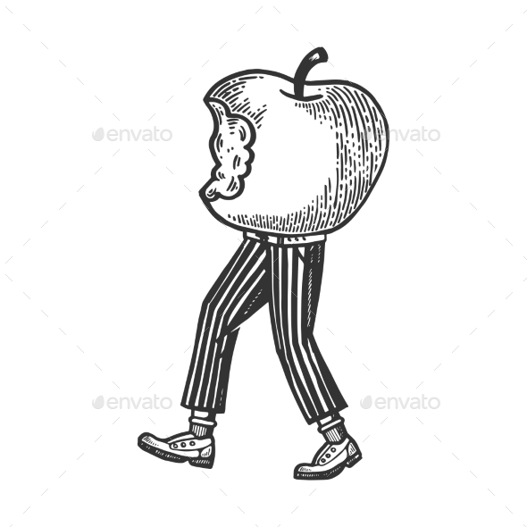 Bitten Apple Walks on Its Feet Engraving Vector - Miscellaneous Vectors