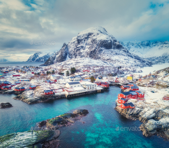 Aerial view of small village on the mountain in winter - Stock Photo - Images