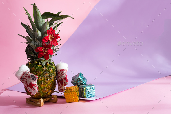 pineapple christmas tree with winter mittens and Christmas flowers on green leaves - Stock Photo - Images