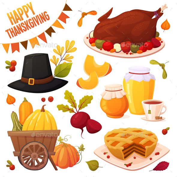 Set of Cartoon Autumn Elements - Food Objects