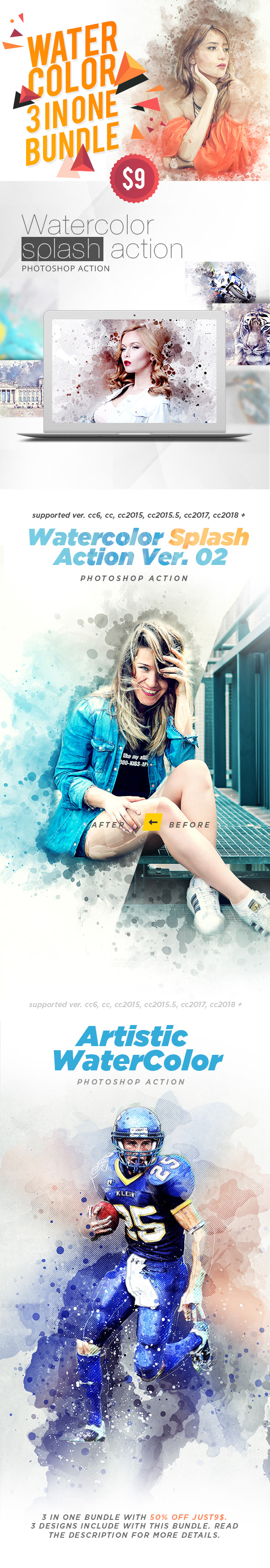 WaterColor 3 IN 1 Bundle Photoshop Action