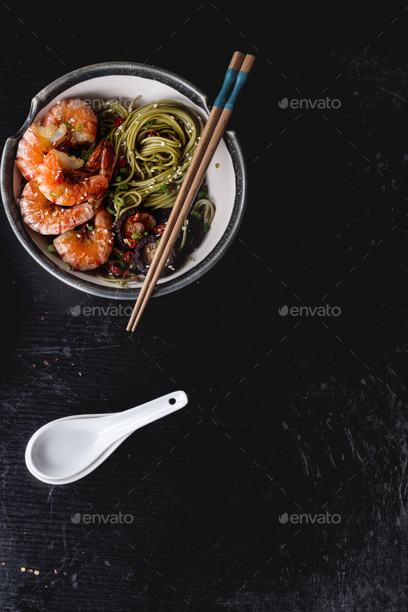 Green tea soba noodles with shrimp Stock Photo by teelesswonder | PhotoDune