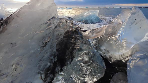 Icebergs on a Black Volcanic Beach Beautiful Nature Concept Closeup Aerial Top View Ice Winter alt