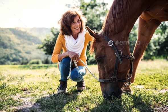A senior woman crouching and a horse grazing by a stable. Stock Photo by halfpoint
