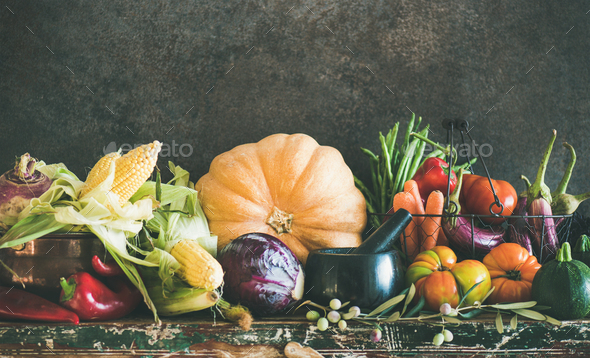 Assortment of various Autumn vegetables from local market, copy space - Stock Photo - Images