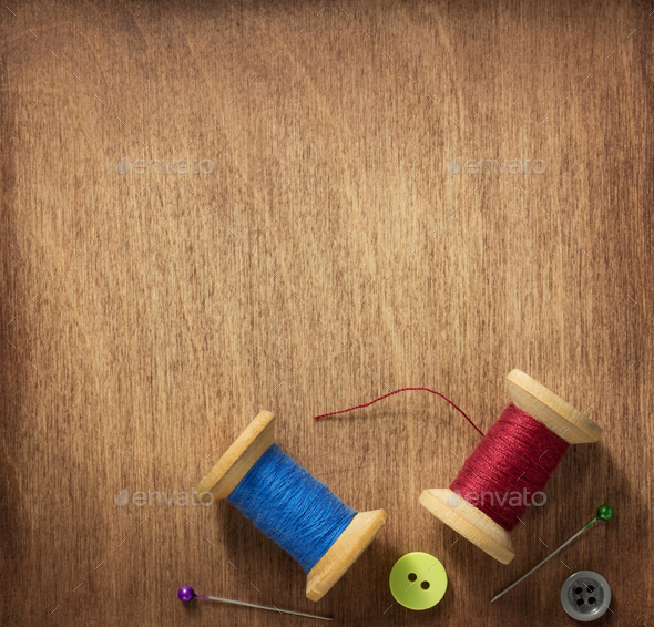 tailor or sewing accessories and supplies with tools at wooden table Stock  Photo by seregam