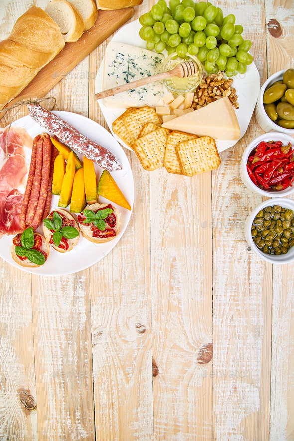 Italian antipasti wine snacks set. Antipasto catering platter Stock Photo by bondarillia