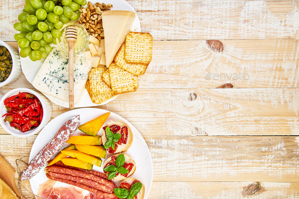 Italian antipasti wine snacks set. Antipasto catering platter Stock Photo by bondarillia