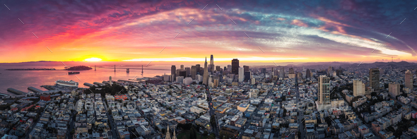 Aerial Panoramic View Of San Francisco Skyline At Sunrise Stock Photo