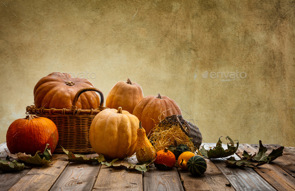 Thanksgiving concept with colorful pumpkins and fall leaves on rustic ...