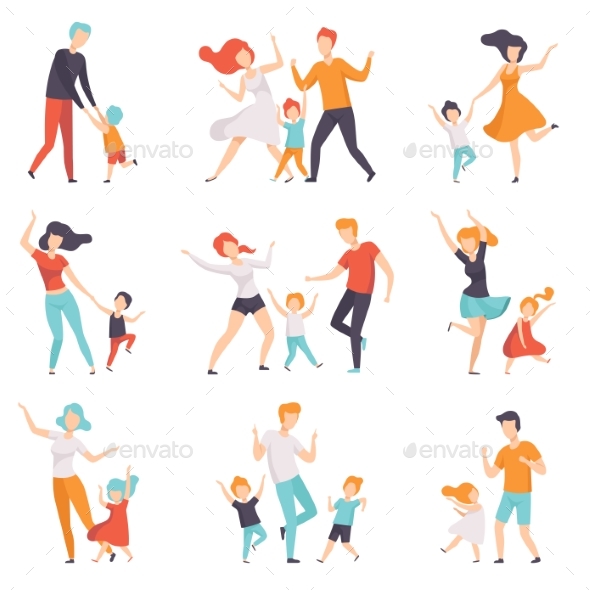 Parents Dancing with Their Children Set - People Characters