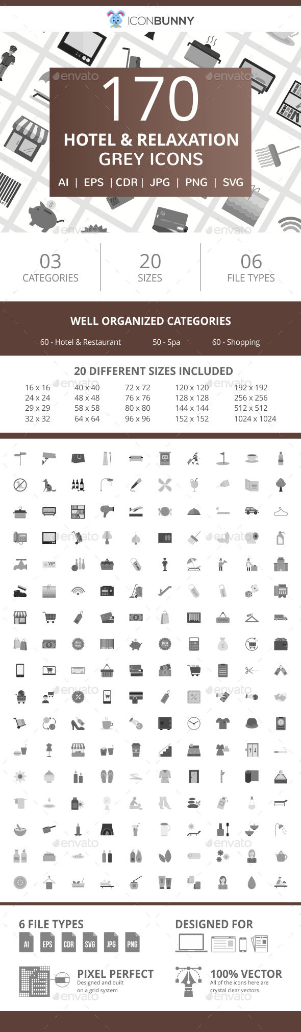 170 Hotel & Relaxation Flat Greyscale Icons - Icons