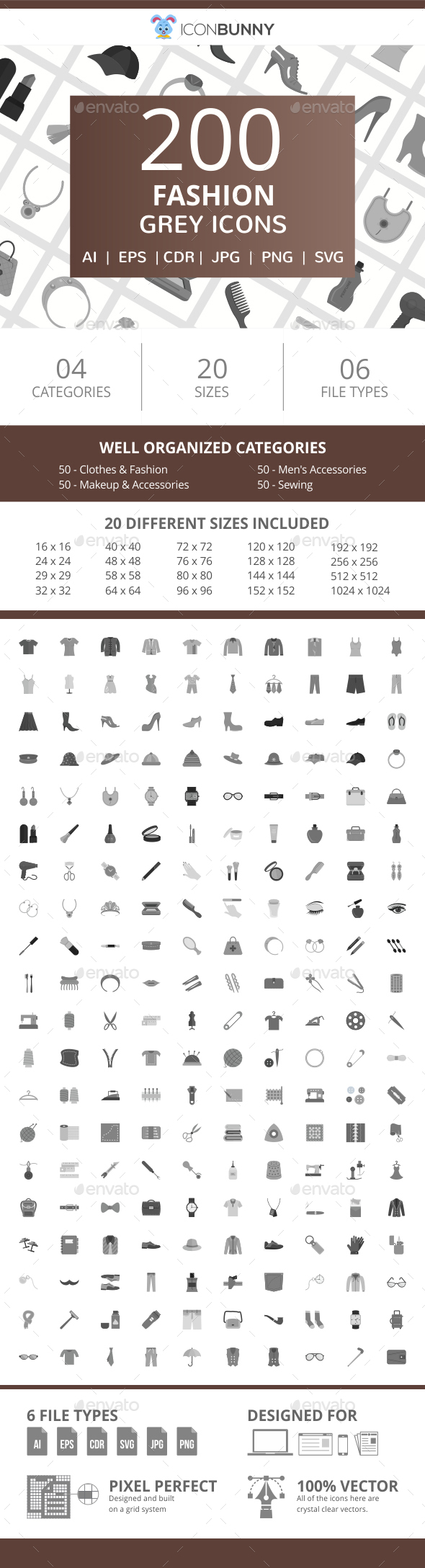 200 Fashion Flat Greyscale Icons - Icons