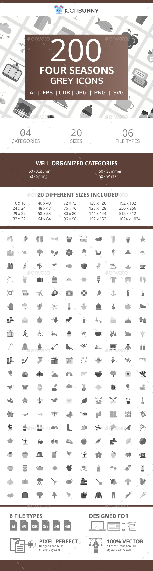 200 Four Seasons Flat Greyscale Icons - Icons