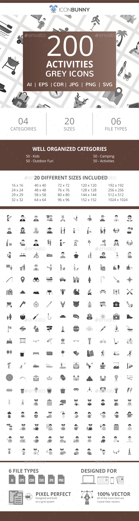 200 Activities Flat Greyscale Icons - Icons