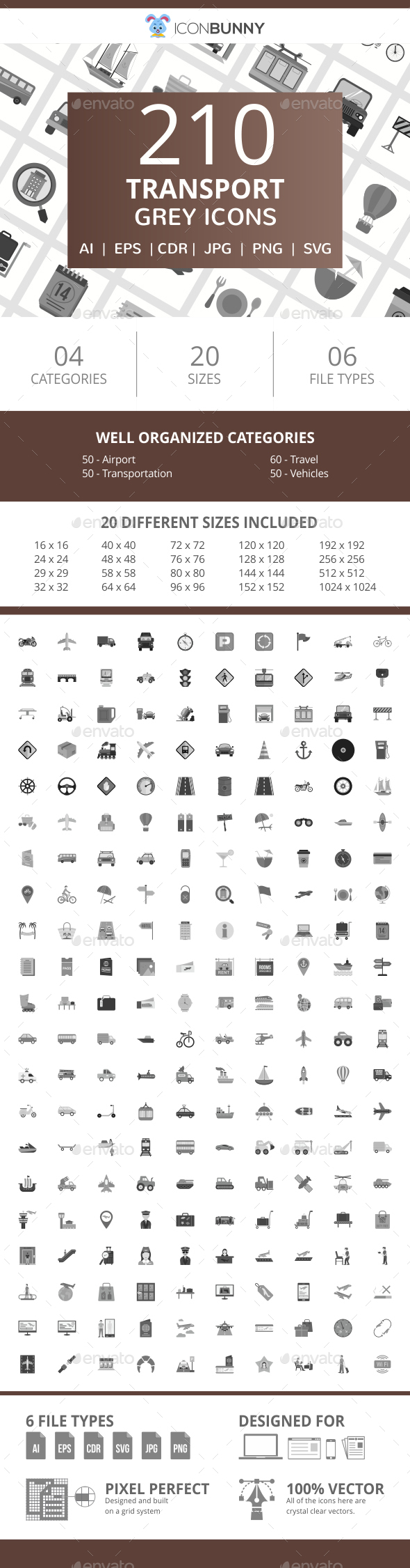 210 Transport Flat Greyscale Icons - Icons