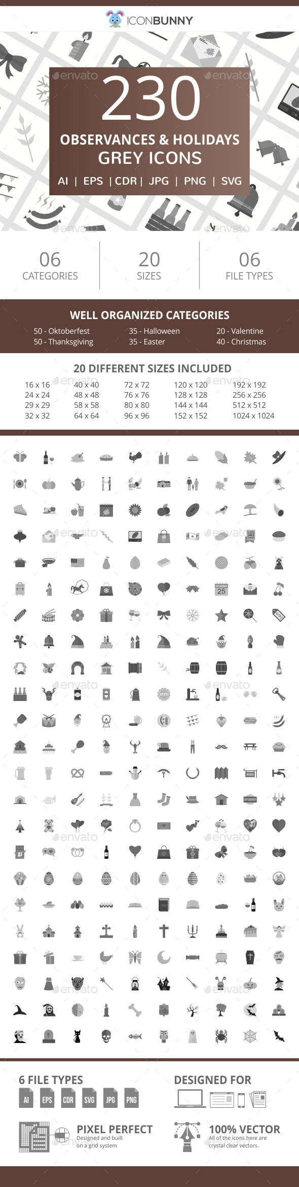 230 Observances & Holiday Flat Greyscale Icons - Icons