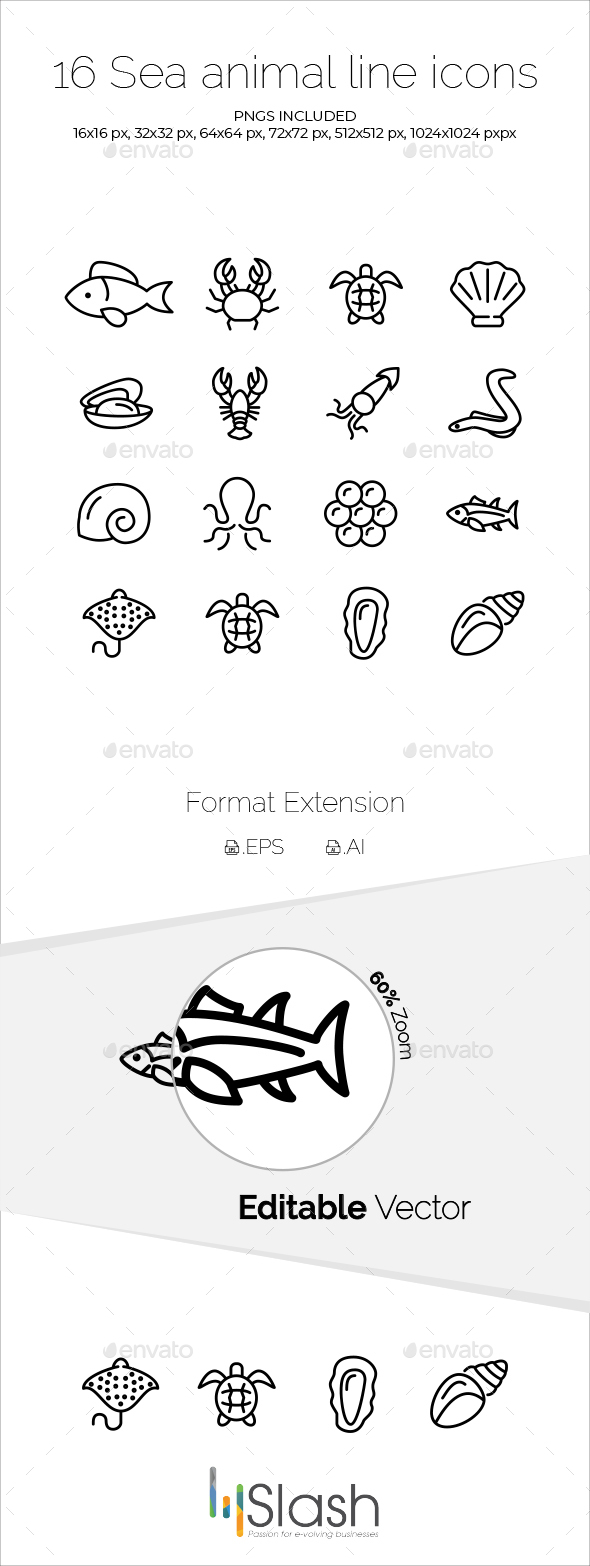 16 Sea Animal Line Icons - Animals Characters