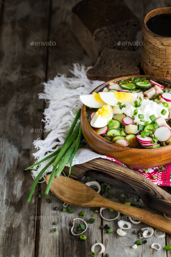 Russian cold soup okroshka background - Stock Photo - Images