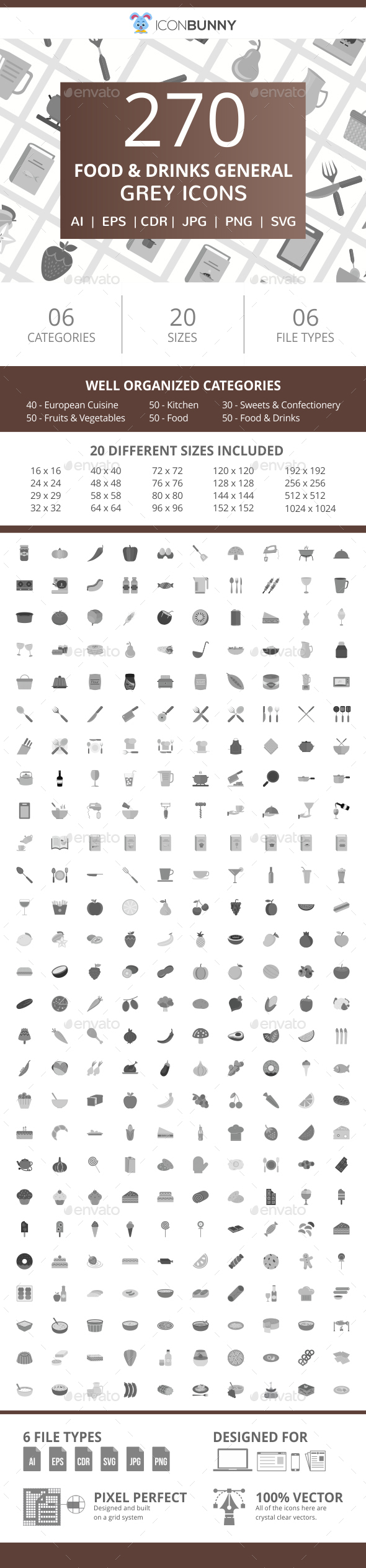 270 Food & Drinks General Flat Greyscale Icons - Icons