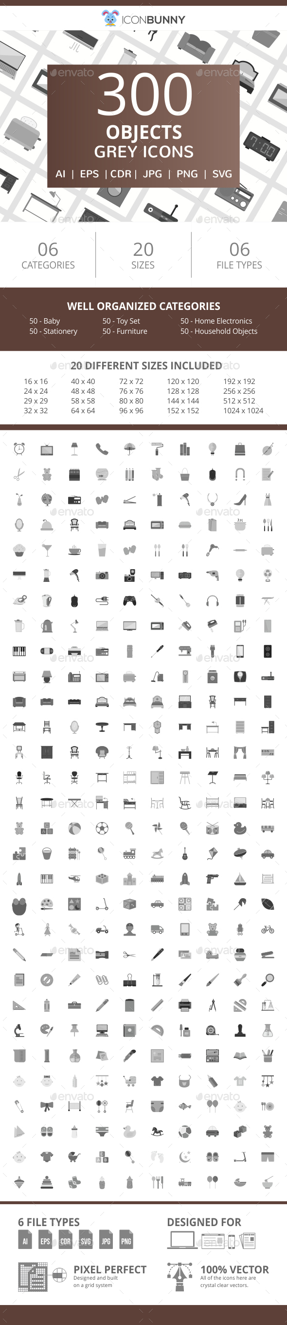 300 Objects Flat Greyscale Icons - Icons