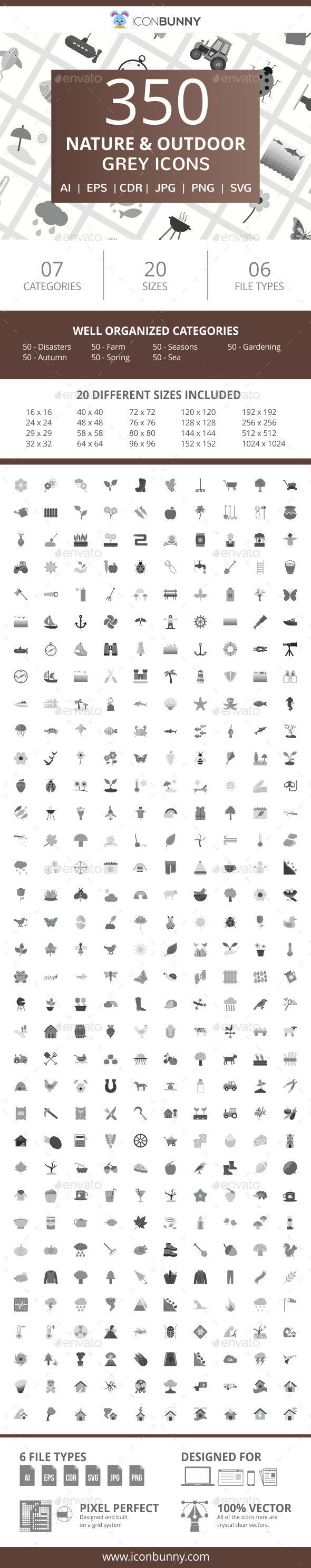 350 Nature & Outdoor Flat Greyscale Icons - Icons