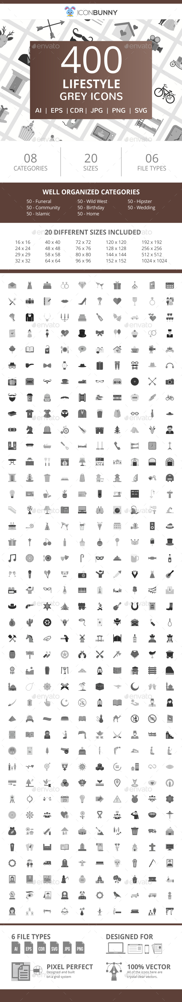 400 Lifestyle Flat Greyscale Icons - Icons